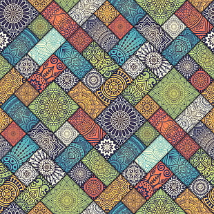 blue, yellow, and red area rug, pattern, texture, mandala, green, HD wallpaper HD wallpaper