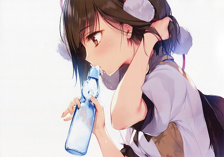 schwarzhaarige weibliche Anime-Figur, Touhou, Shameimaru Aya, ke-ta, Brünette, Drink, HD-Hintergrundbild