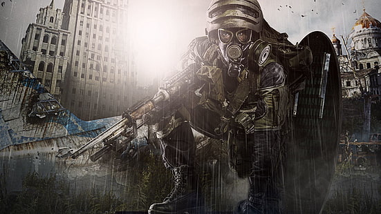 солдат держит плакат с винтовкой, видеоигры, Metro: Last Light Redux, HD обои HD wallpaper