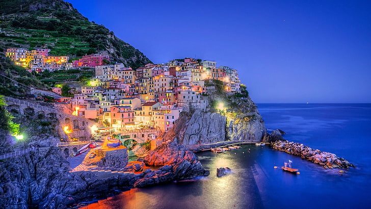 woda, La Spezia, Liguria, ciemność, Klif, atrakcja turystyczna, zmierzch, wieczór, Europa, Manarola, Włochy, cypel, turystyka, Wybrzeże, niebo, morze, wieś, Cinque Terre, Tapety HD