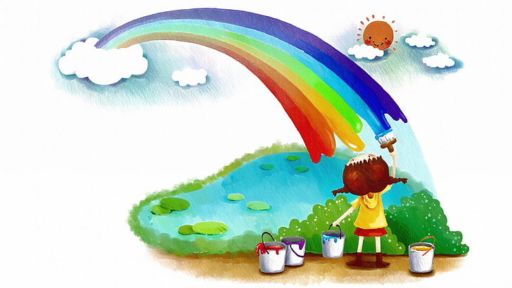 rainbow illustration, rainbows, children, HD wallpaper