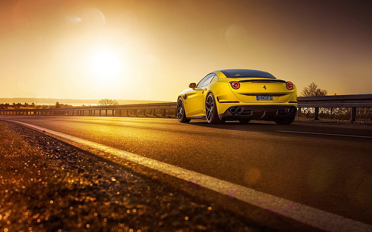 yellow Ferrari Superfast 812, Ferrari California T, Novitec Rosso, car, road, sunset, HD wallpaper