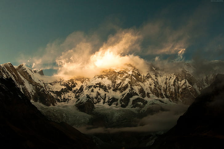 Annapurna, พระอาทิตย์ตก, เทือกเขาหิมาลัย, ภูเขา, 4k, เนปาล, 5k, เมฆ, วอลล์เปเปอร์ HD