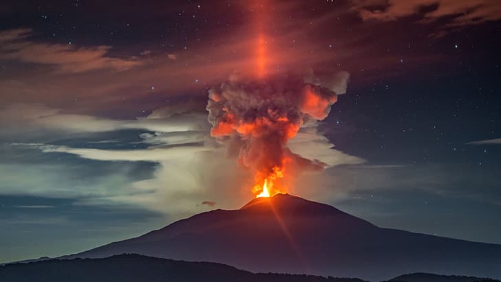 paisagem, natureza, vulcão, Etna, erupção, coluna de luz, HD papel de parede