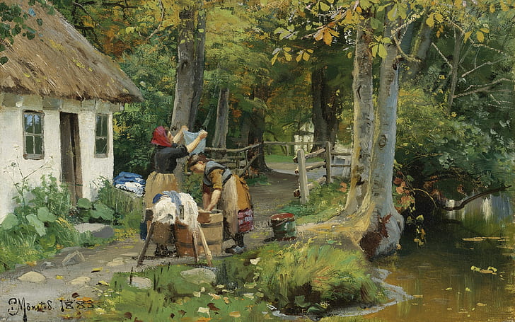 Pintor danés, 1883, Peter Merk de Menstad, Peder Mørk Mønsted, pintor realista danés, Día de lavandería, Día de lavado, Fondo de pantalla HD