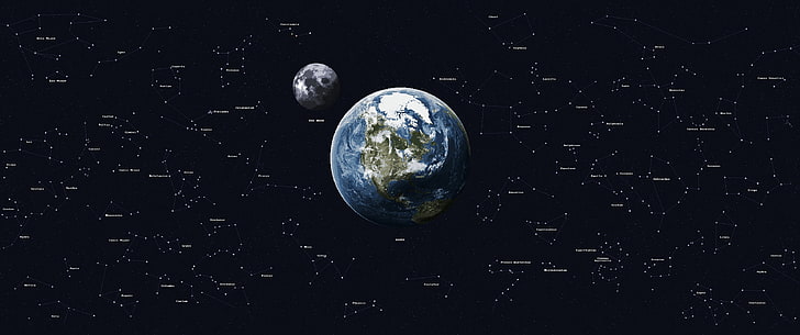 planet earth and moon wallpaper, 8-bit, pixel art, pixels, Earth, Moon, stars, space, ultra-wide, HD wallpaper
