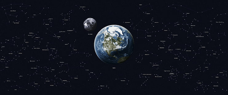planète terre et lune papier peint, 8 bits, pixel art, pixels, terre, lune, étoiles, espace, ultra-large, Fond d'écran HD HD wallpaper