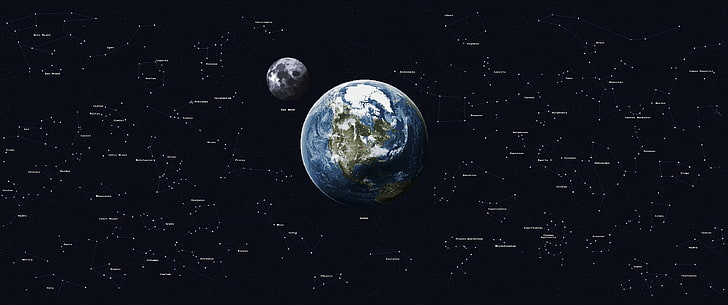 pixel art, space, 8-bit, stars, pixels, ultra-wide, Earth, Moon, Tapety HD