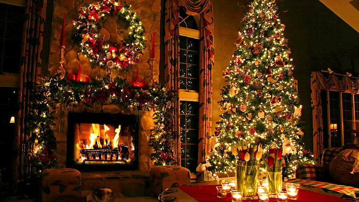 holiday, living room, christmas day, livingroom, fireplace, xmas, tree, christmas ornament, ceremony, interior design, christmas decoration, christmas lights, event, decor, lighting, tradition, home, christmas tree, christmas, HD wallpaper