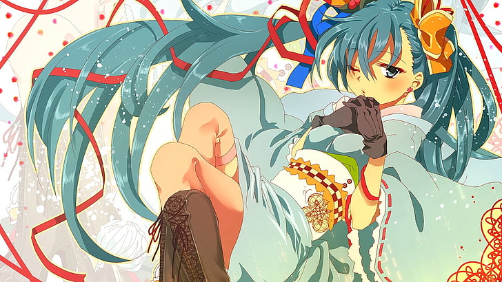 Anime, Anime Girls, langes Haar, Aqua-Haar, Haarband, japanische Kleidung, Kimono, Blick auf Betrachter, HD-Hintergrundbild