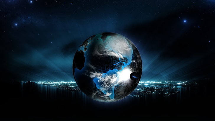 Nacht, Sterne, Erde, digitale Kunst, Stadtbild, Lichter, Kontinente, HD-Hintergrundbild