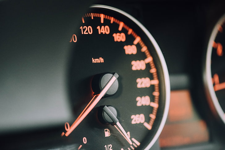 black and orange vehicle speedometer gauge, speedometer, arrows, numbers, divisions, HD wallpaper