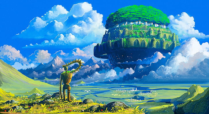 緑と茶色の自然の城の絵 スタジオジブリ 天空の城 ロボット アニメ 浮島 Hdデスクトップの壁紙 Wallpaperbetter