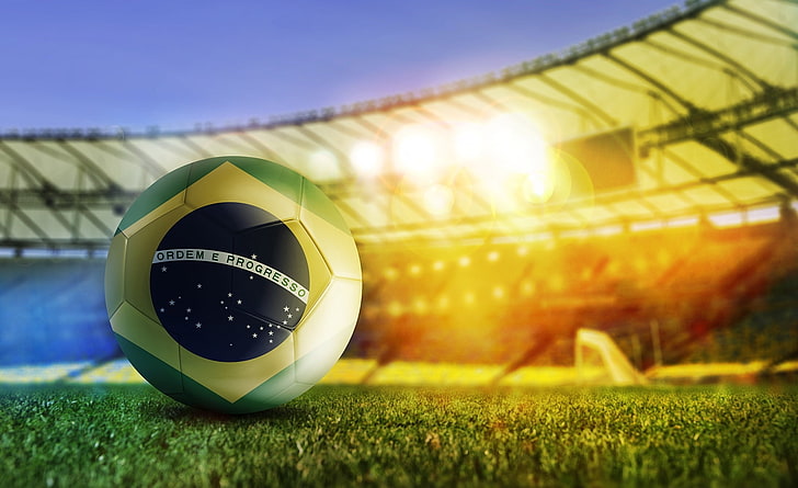Football, yellow and green soccer ball, Sports, Football, Soccer, Fifa, Ball, world cup, fifa world cup, Stadium, brazil, brasil, 2014, 2014 fifa world cup, HD wallpaper