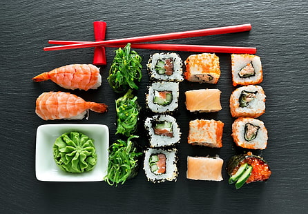 Mat, Sushi, ätpinnar, fisk, ris, skaldjur, stilleben, HD tapet HD wallpaper