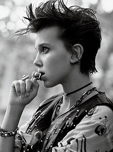 Millie Bobby Brown, actress, Interview magazine, monochrome, profile, bracelets, collar, dark hair, looking into the distance, HD wallpaper HD wallpaper