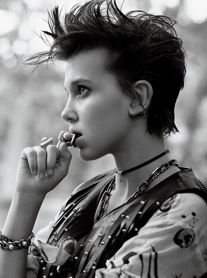 monochrome, Millie Bobby Brown, profile, actress, dark hair, bracelets, looking into the distance, collar, Interview magazine, HD wallpaper