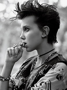 monochrome, Millie Bobby Brown, profile, actress, dark hair, bracelets, looking into the distance, collar, Interview magazine, HD wallpaper HD wallpaper