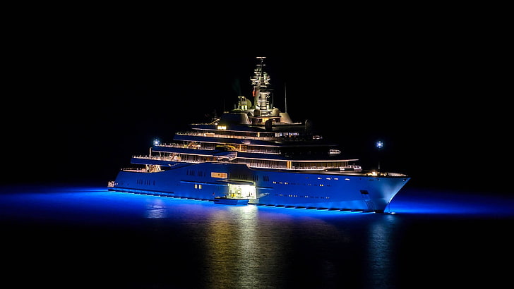 navire à passagers, yacht, bateau de croisière, yacht de luxe, nuit, navire, motomarine, éclairage, lumières bleues, éclipse, eau, obscurité, Fond d'écran HD