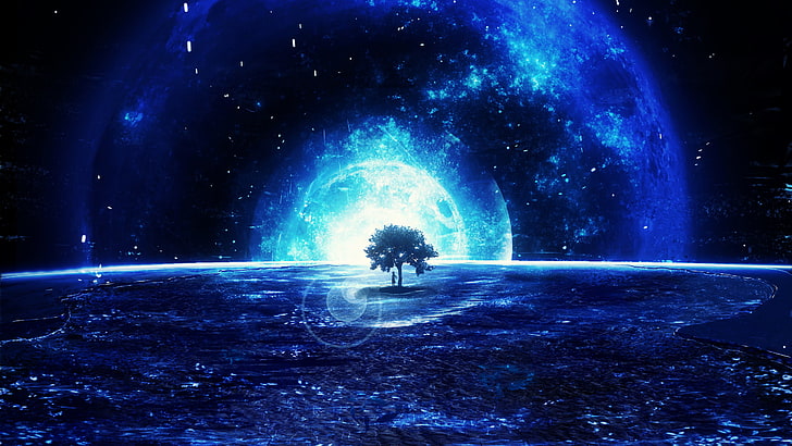 черно дърво цифрови тапети, пейзаж, синьо, дървета, Луна, HD тапет