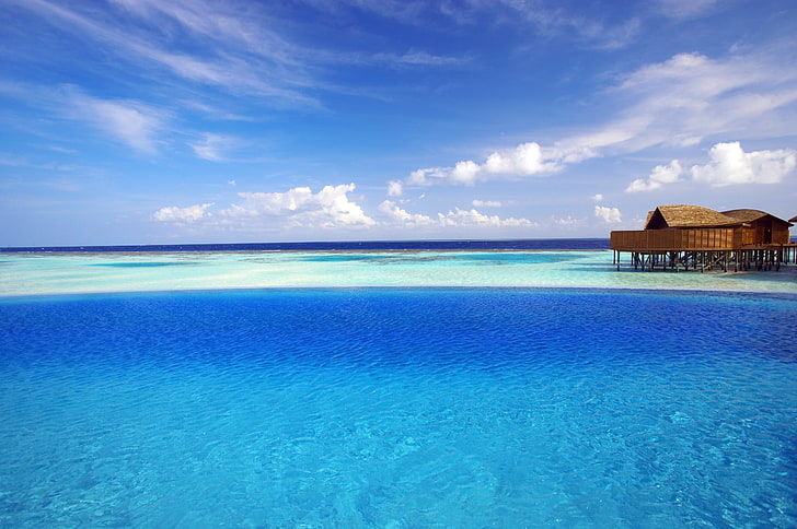 къща на океан тапети, Малдиви, тропически, бунгала, океан, HD тапет