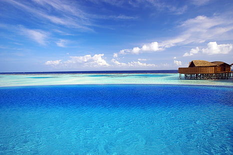 maison sur papier peint océan, maldives, tropical, bungalows, océan, Fond d'écran HD HD wallpaper
