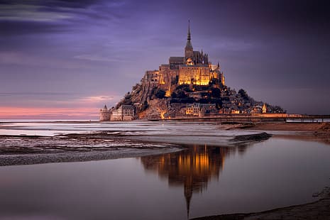 скала, отражение, Франция, залив, крепость, Нормандия, Мон-Сен-Мишель, HD обои HD wallpaper