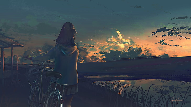 paysage anime, fille, vélo, nuages, rivière, réflexion, Anime, Fond d'écran HD