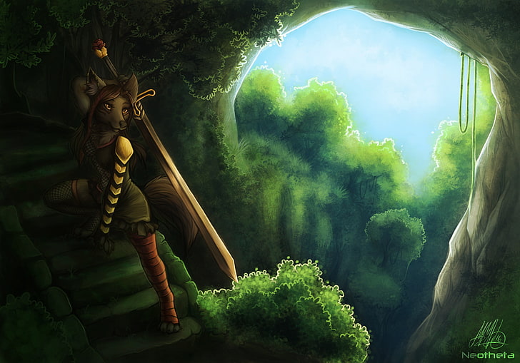 female mouse holding sword game digital wallpaper, furry, Anthro, sword, forest, fantasy armor, HD wallpaper