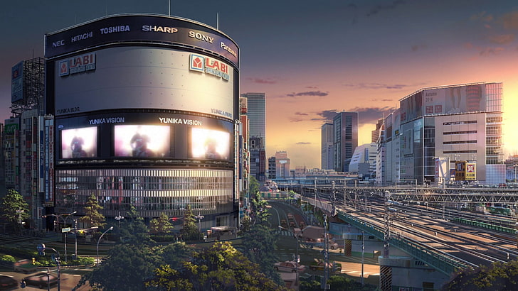Edificio gris de gran altura, Kimi no Na Wa, tu nombre, paisaje urbano, Fondo de pantalla HD