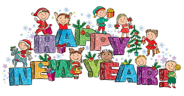 Frohes neues Jahr, Kinder, Happy New Year, Kinder, Spielzeug, Geschenke, Weihnachtsbaum, HD-Hintergrundbild HD wallpaper