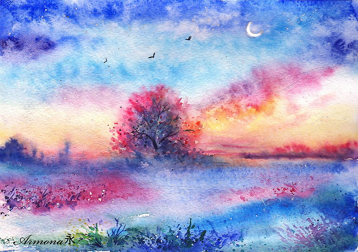 multicolored tree and bird painting, grass, birds, tree, watercolor, painted landscape, HD wallpaper