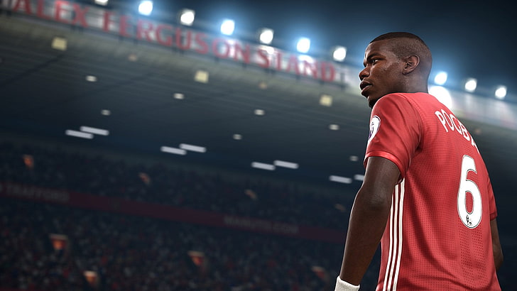 rot-weißes Herren-Trikot, Videospiele, FIFA, Fußball, Paul Pogba, Manchester United, HD-Hintergrundbild