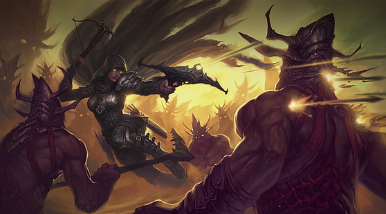 Diablo 3 Demon Hunter ผู้หญิงกำลังยิงธนูภาพประกอบเกม Diablo อาร์ตเวิร์ค Battle diablo 3 วิดีโอเกมคอนเซ็ปต์อาร์ตนักล่าปีศาจ, วอลล์เปเปอร์ HD HD wallpaper