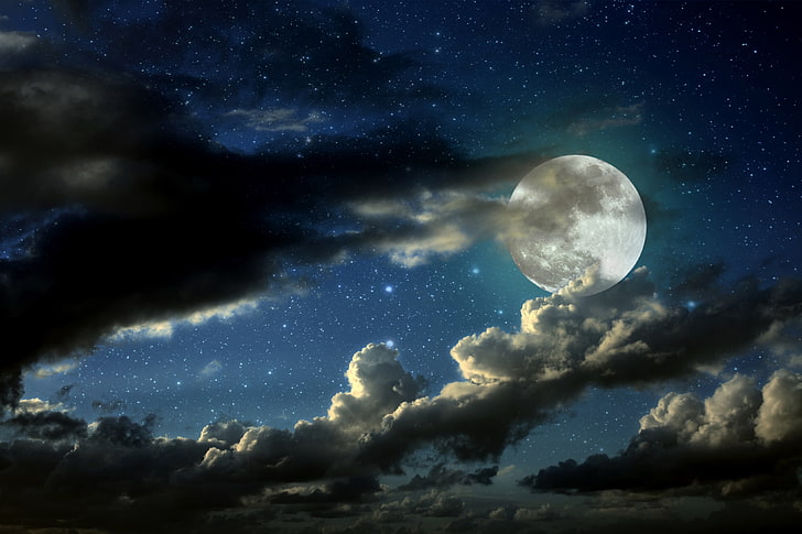 full moon digital wallpaper, full moon, stars, clouds, shadows, HD wallpaper