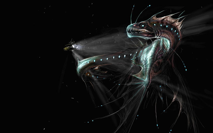 ilustracja czarna jednostka pływająca, światła, ciemność, potwór, ryba, łódź podwodna, pod wodą, Tapety HD
