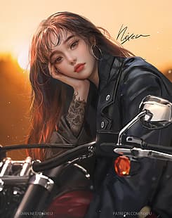 Nixeu, рисунок, женщины, темные волосы, отдыхающая голова, тату, серьги-кольца, мотоцикл, HD обои HD wallpaper