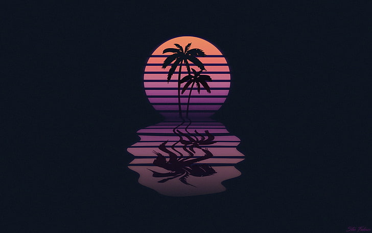 силуэт иллюстрации кокосовой пальмы, двух кокосовых пальм и солнца, новая ретро волна, типография, концепт-арт, иллюстрация, цифровое искусство, 1980-е, неон, synthwave, HD обои