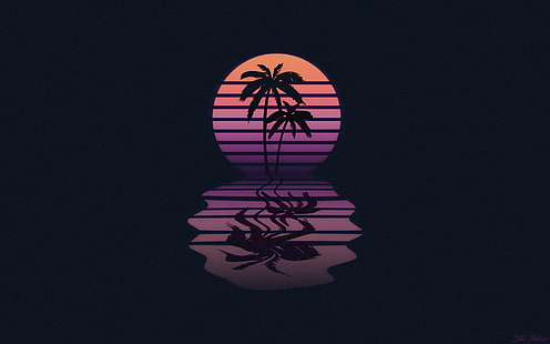 siluet ilustrasi pohon kelapa, dua pohon kelapa dan ilustrasi matahari, New Retro Wave, tipografi, konsep seni, ilustrasi, seni digital, 1980-an, neon, synthwave, Wallpaper HD HD wallpaper