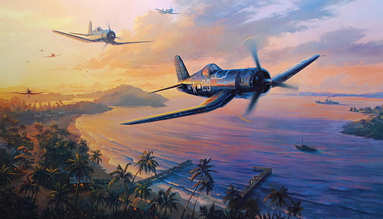 game digital wallpaper, aircraft, war, art, airplane, painting, aviation, drawing, ww2, dogfight, pacific war, f4u corsair, HD wallpaper HD wallpaper