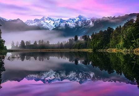 bosque, montañas, niebla, lago, Nueva Zelanda, isla sur, parque nacional Westland, lago Matheson, Alpes del sur, glaciar Fox, monte cook, temprano en la mañana, Fondo de pantalla HD HD wallpaper