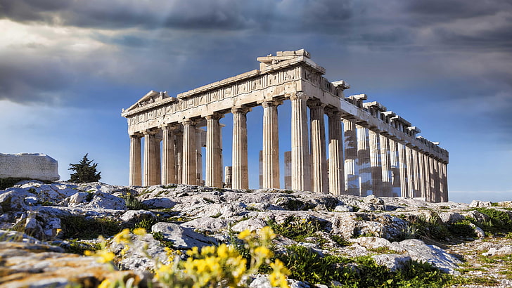 Европа, Парфенон, Греция, Афины, Акрополь, древние, исторические, облака, небо, HD обои