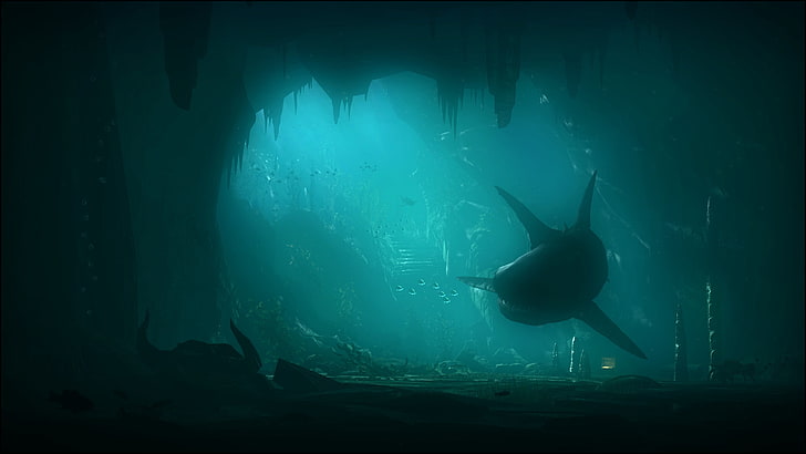 creepy, dark, fantasy, fishes, oceans, sharks, spooky, underwater, HD wallpaper