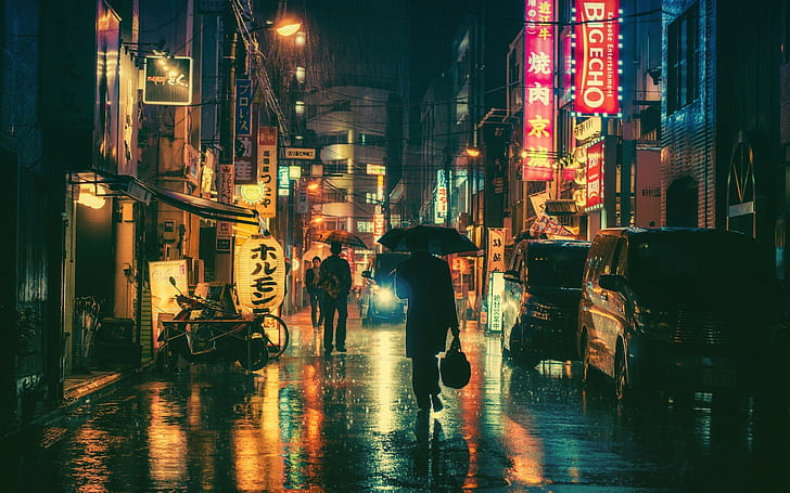 Japanese, Tokyo, rain, building, city, urban, Asia, reflection, night, lights, car, street, street light, Japan, HD wallpaper