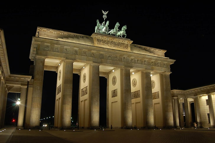 Monumentos, Puerta de Brandenburgo, Berlín, Alemania, Monumento, Noche, Fondo de pantalla HD