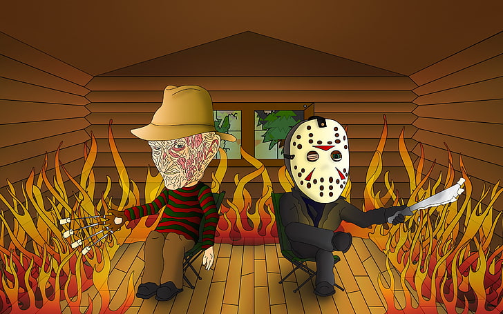 artwork, Jason Voorhees, Freddy Krueger, humor, fire, HD wallpaper