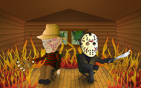 artwork, Jason Voorhees, Freddy Krueger, humor, fire, HD wallpaper HD wallpaper