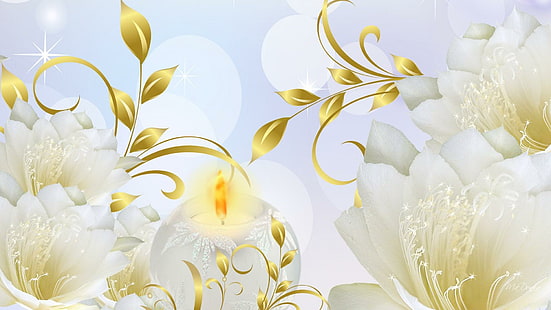 Свещени цветя, деликатни, чисти, чистота, златни листа, пролет, бели цветя, пламък, свещ, лято, 3d и абстрактни, HD тапет HD wallpaper