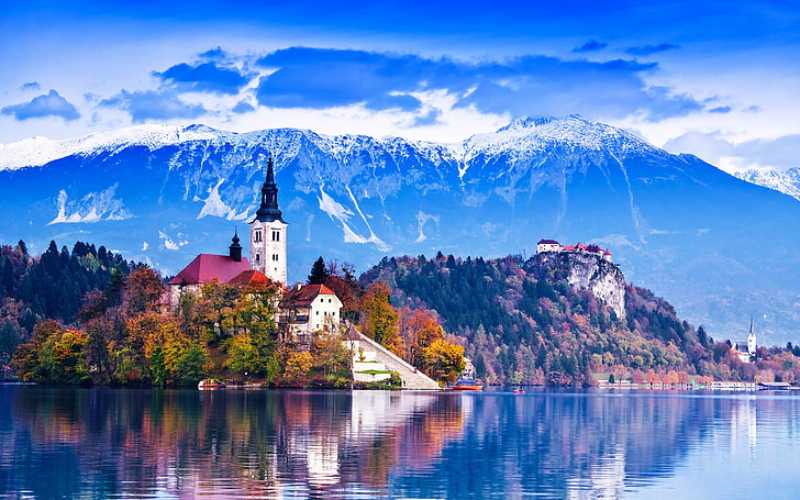 ブレッド湖スロベニア島城山の美しい風景の壁紙Hd 3840×2400、 HDデスクトップの壁紙
