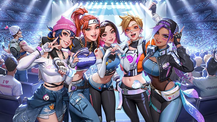 Overwatch, Kiriko (Overwatch), D.Va (Overwatch), Brigitte (Overwatch), Tracer (Overwatch), Sombra (Overwatch), video game art, Blizzard Entertainment, group of women, HD wallpaper